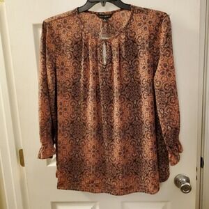 Investments sz XL Medallion print pullover boho artsy blouse NWT semi sheer